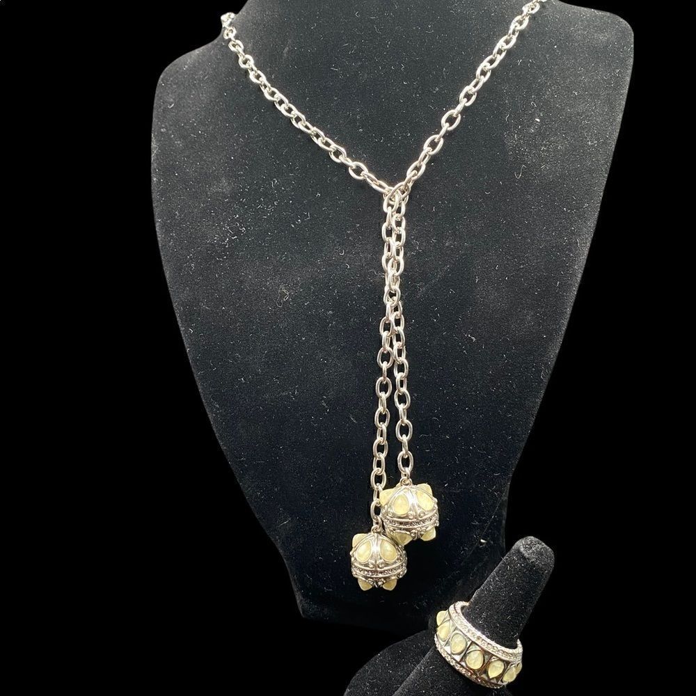 Karen Kane signed lariat necklace ring silver tone rhinestones white pear shape